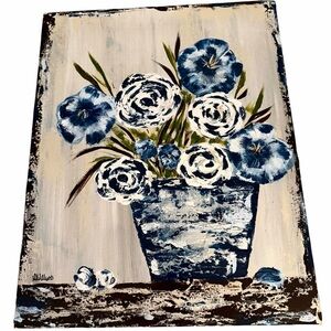 Original Acrylic Canvas Art Large Blue Blooms Impressionism